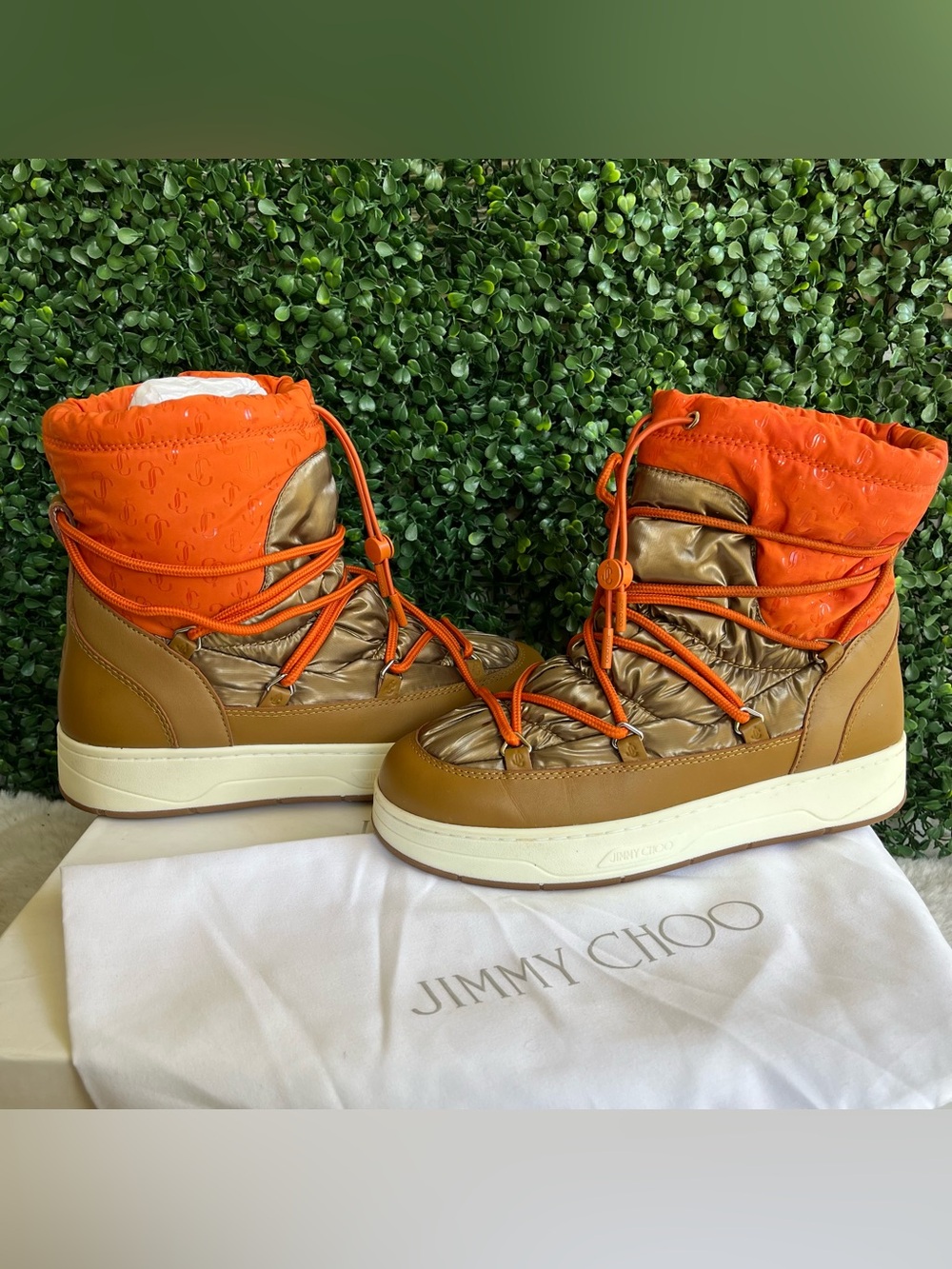 JIMMY CHOO Moon Wanaka Winter Boots Amber Orange Fur Shoes sz. 38.5